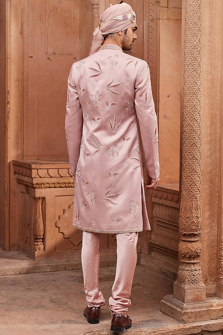 Nude Pink Silk Jacquard Applique & Zari Embroidered Groom Sherwani Set by Contrast By Parth at Pernia's Pop Up Shop