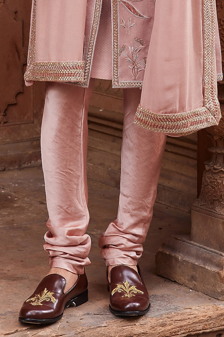 Nude Pink Silk Jacquard Applique & Zari Embroidered Groom Sherwani Set by Contrast By Parth at Pernia's Pop Up Shop