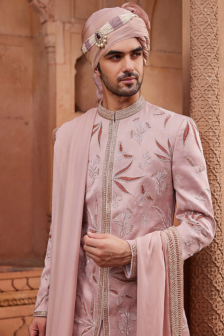 Nude Pink Silk Jacquard Applique & Zari Embroidered Groom Sherwani Set by Contrast By Parth at Pernia's Pop Up Shop