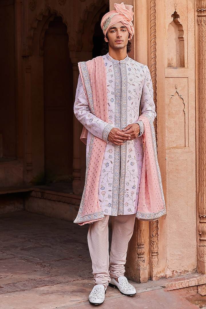 Ice Grey Raw Silk Resham & Dabka Embroidered Groom Sherwani Set by Contrast By Parth at Pernia's Pop Up Shop