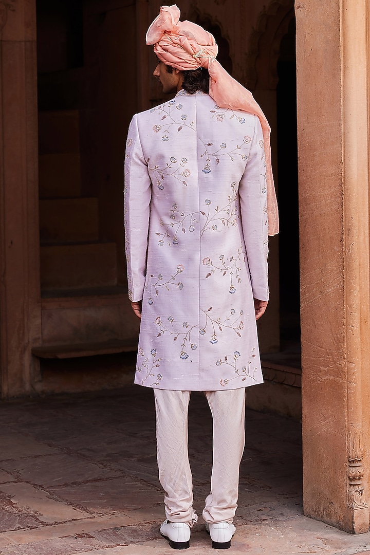 Ice Grey Raw Silk Resham & Dabka Embroidered Groom Sherwani Set by Contrast By Parth at Pernia's Pop Up Shop
