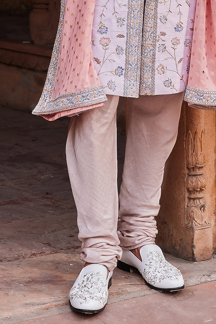 Ice Grey Raw Silk Resham & Dabka Embroidered Groom Sherwani Set by Contrast By Parth at Pernia's Pop Up Shop