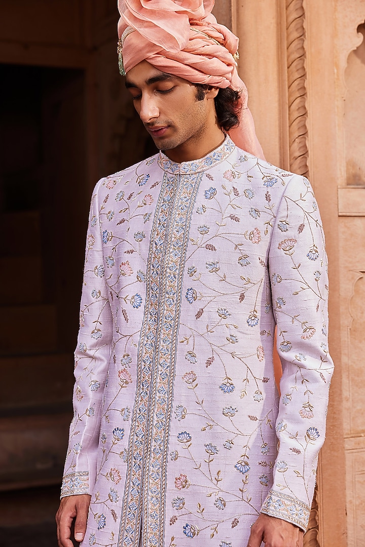 Ice Grey Raw Silk Resham & Dabka Embroidered Groom Sherwani Set by Contrast By Parth at Pernia's Pop Up Shop