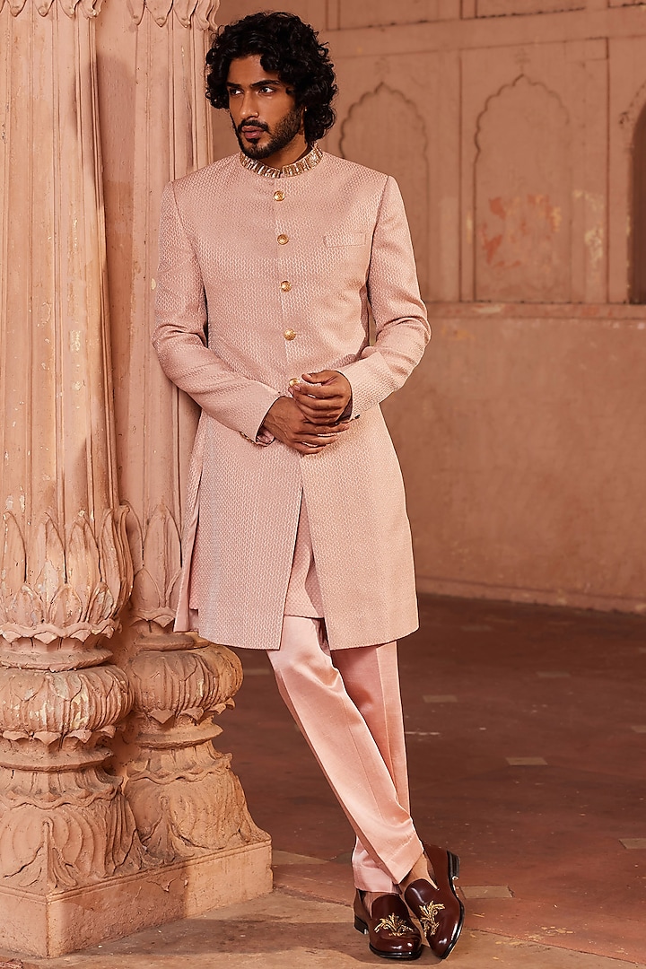 Pink Silk Jacquard Hand Embroidered Wedding Sherwani Set by Contrast By Parth at Pernia's Pop Up Shop