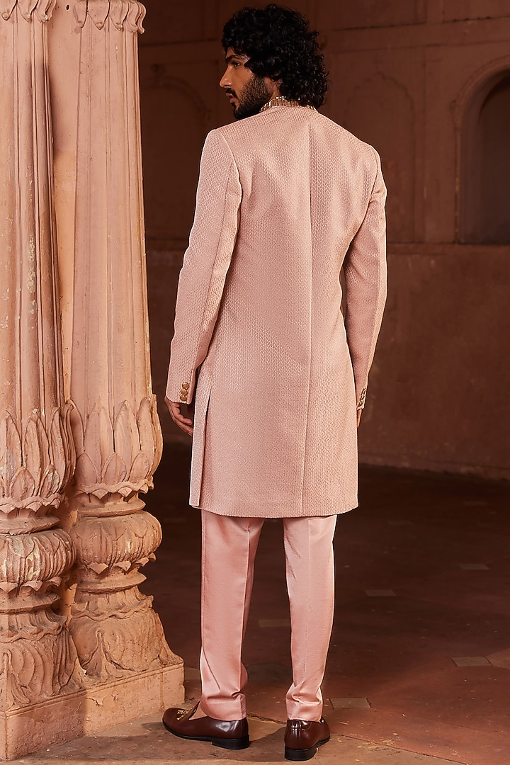 Pink Silk Jacquard Hand Embroidered Wedding Sherwani Set by Contrast By Parth at Pernia's Pop Up Shop