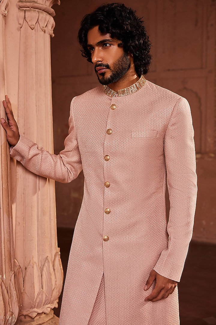 Pink Silk Jacquard Hand Embroidered Wedding Sherwani Set by Contrast By Parth at Pernia's Pop Up Shop