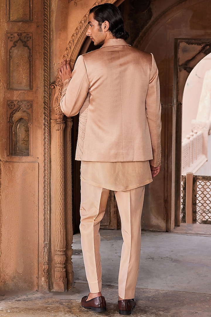 Rose Brown Linen Silk Geometric Embroidered Wedding Indowestern Set by Contrast By Parth at Pernia's Pop Up Shop