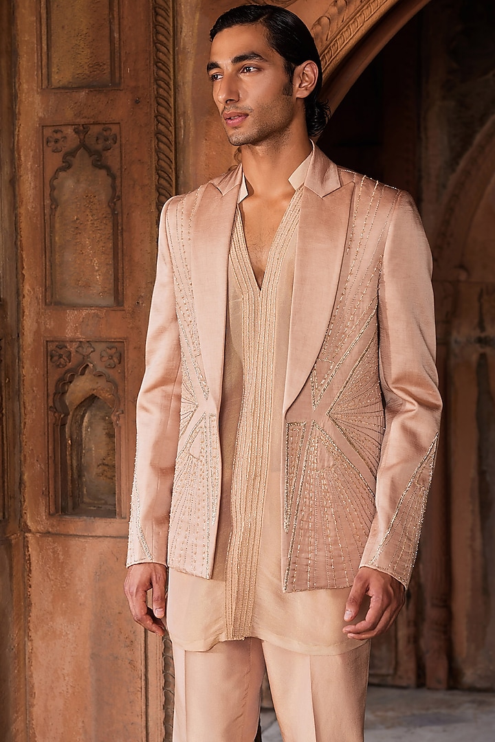 Rose Brown Linen Silk Geometric Embroidered Wedding Indowestern Set by Contrast By Parth at Pernia's Pop Up Shop