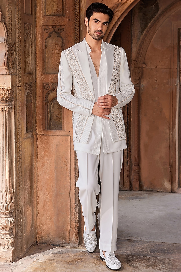 Ivory Tokyo Suiting Wedding Indowestern Set by Contrast By Parth at Pernia's Pop Up Shop