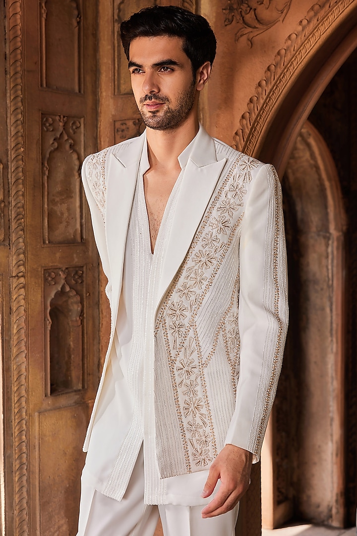 Ivory Tokyo Suiting Wedding Indowestern Set by Contrast By Parth at Pernia's Pop Up Shop