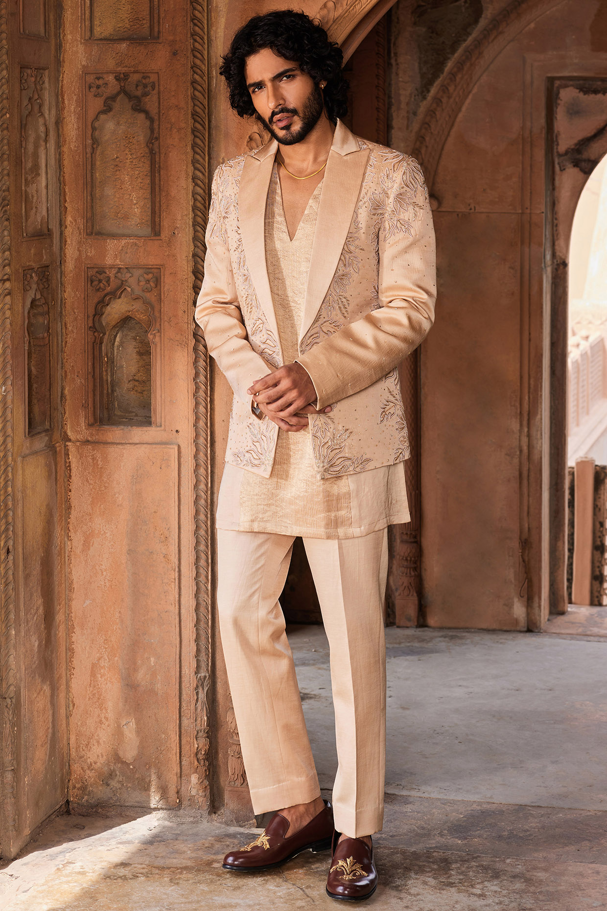 Beige Linen Silk Zardosi Embroidered Wedding Indowestern Set by Contrast By Parth at Pernia's Pop Up Shop