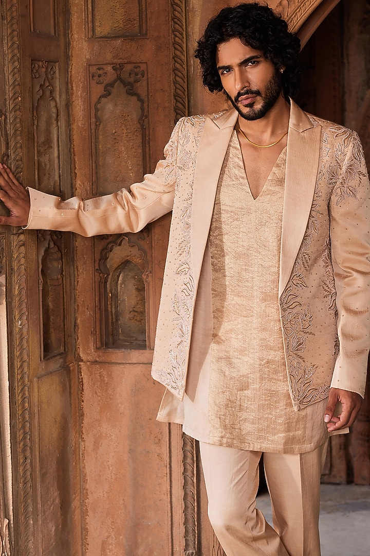 Beige Linen Silk Zardosi Embroidered Wedding Indowestern Set by Contrast By Parth at Pernia's Pop Up Shop