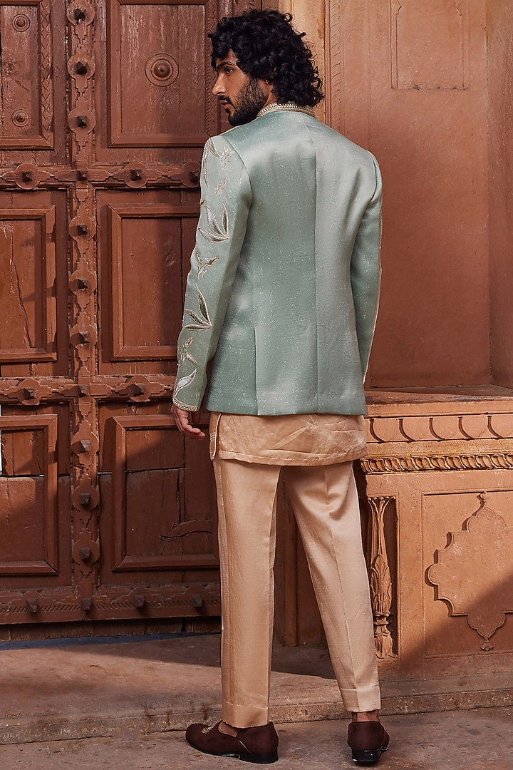 Sage Green Silk Jacquard Dabka Embroidered Wedding Indowestern Set by Contrast By Parth at Pernia's Pop Up Shop