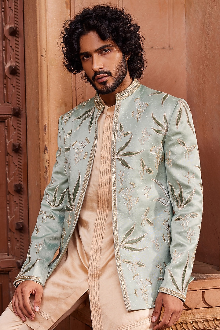 Sage Green Silk Jacquard Dabka Embroidered Wedding Indowestern Set by Contrast By Parth at Pernia's Pop Up Shop