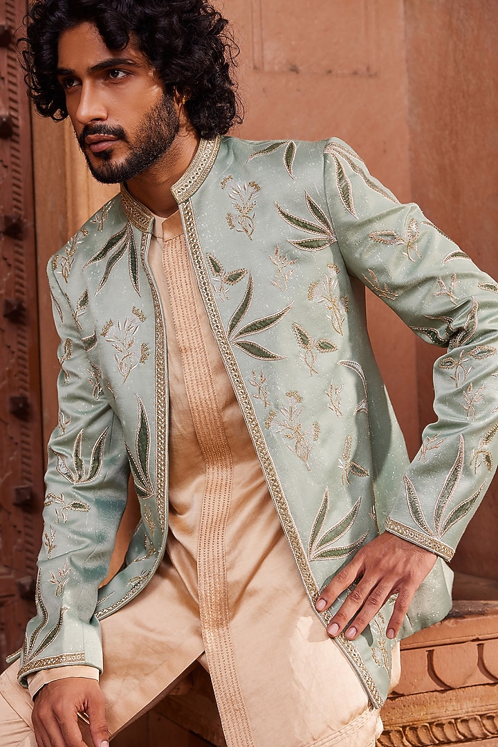 Sage Green Silk Jacquard Dabka Embroidered Wedding Indowestern Set by Contrast By Parth at Pernia's Pop Up Shop