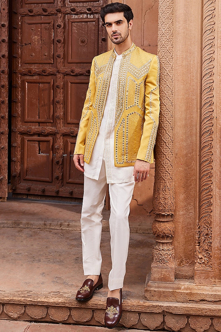 Mustard Linen Silk Zardosi Embroidered Indowestern Set by Contrast By Parth at Pernia's Pop Up Shop