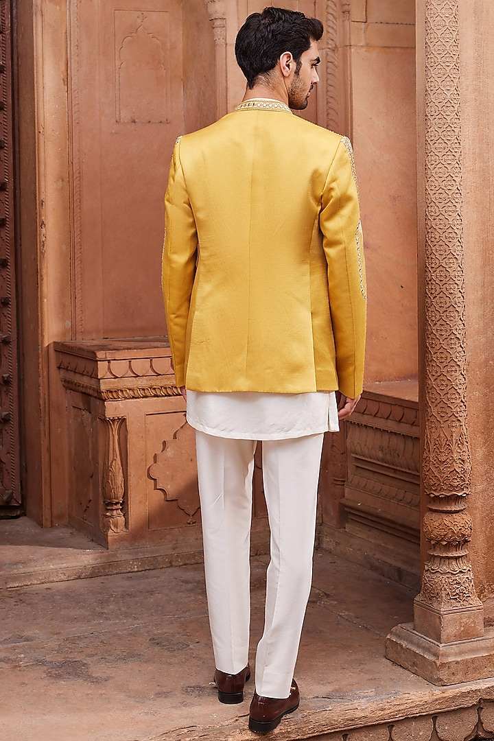 Mustard Linen Silk Zardosi Embroidered Wedding Indowestern Set by Contrast By Parth at Pernia's Pop Up Shop