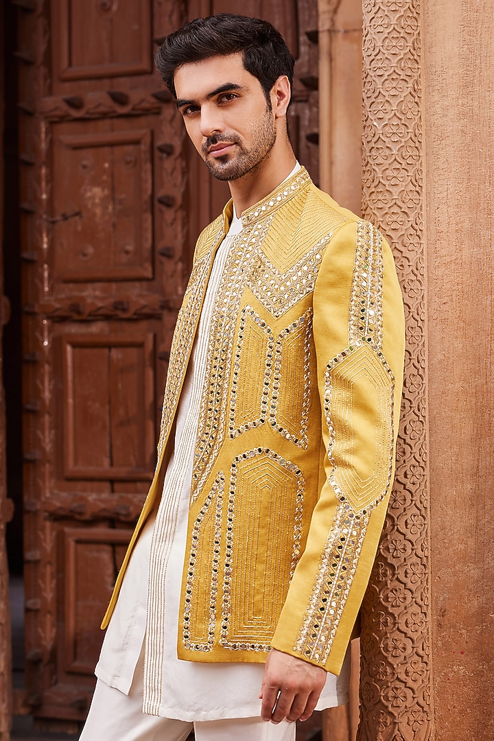 Mustard Linen Silk Zardosi Embroidered Wedding Indowestern Set by Contrast By Parth at Pernia's Pop Up Shop