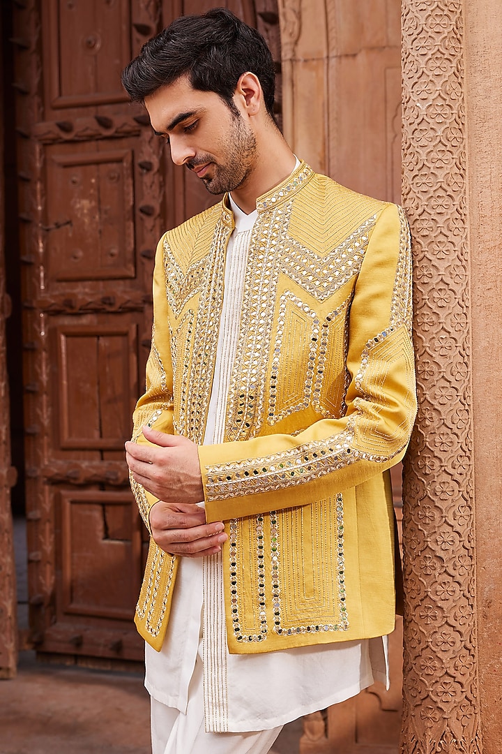 Mustard Linen Silk Zardosi Embroidered Wedding Indowestern Set by Contrast By Parth at Pernia's Pop Up Shop