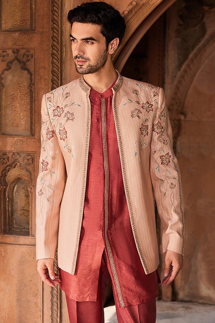 Dusty Pink Textured Silk Cutdana Embroidered Wedding Indowestern Set by Contrast By Parth at Pernia's Pop Up Shop