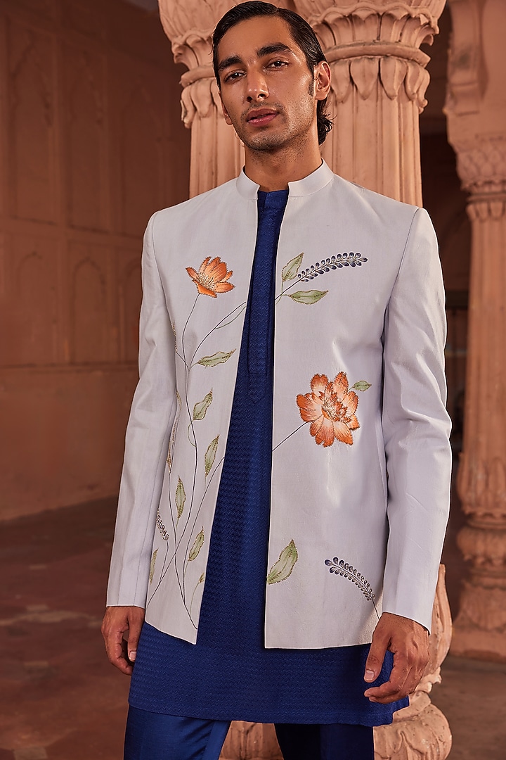 Powder Blue Pure Silk Floral Hand Painted Wedding Indowestern Set by Contrast By Parth at Pernia's Pop Up Shop