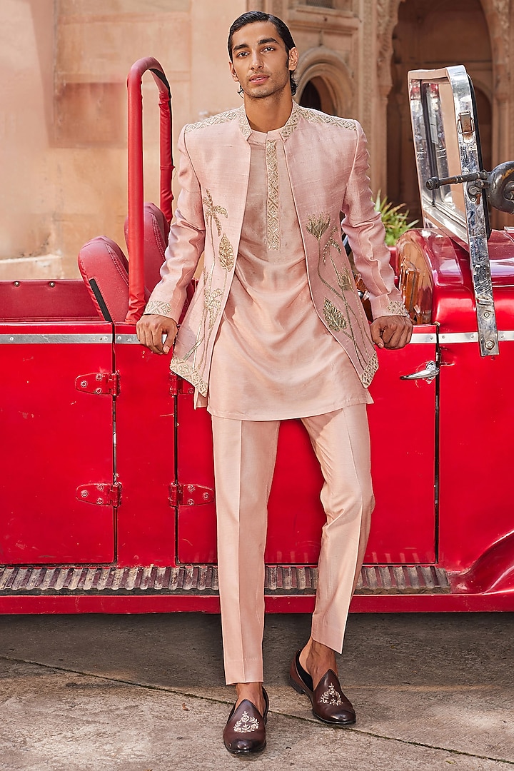 Nude Pink Raw Silk Floral Embellished Indowestern Set by Contrast By Parth at Pernia's Pop Up Shop