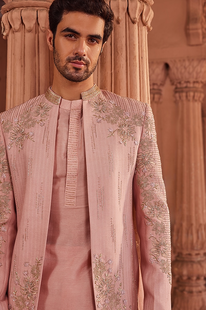 Mauve Textured Silk Floral Embroidered Wedding Indowestern Set by Contrast By Parth at Pernia's Pop Up Shop