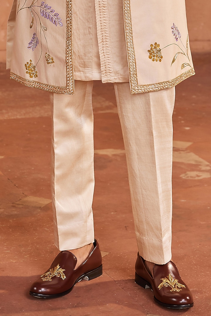 Ivory Pure Silk Dabka Embellished Open Wedding Sherwani Set by Contrast By Parth at Pernia's Pop Up Shop