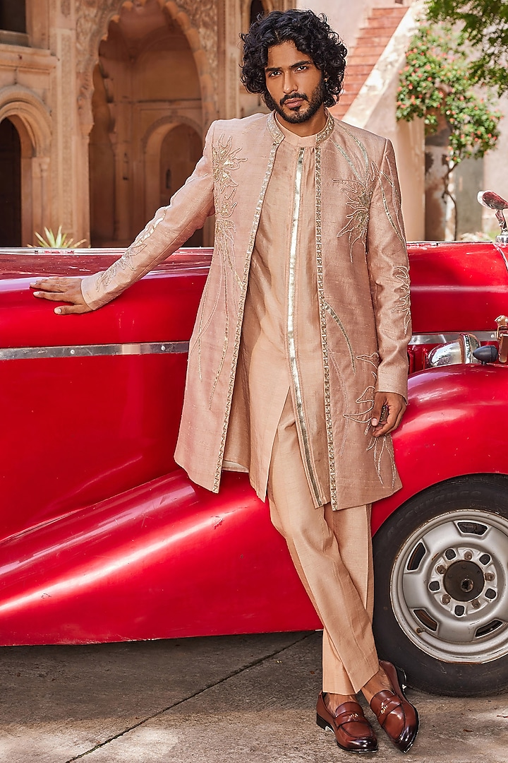 Rose Brown Raw Silk Floral Work Open Wedding Sherwani Set by Contrast By Parth at Pernia's Pop Up Shop