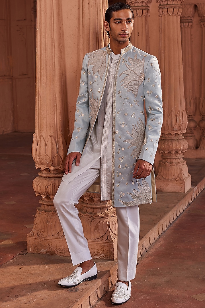 Aqua Blue Jacquard Silk Zardosi Embroidered Open Wedding Sherwani Set by Contrast By Parth at Pernia's Pop Up Shop