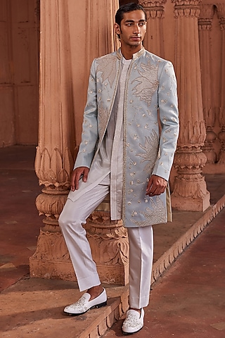 Aqua Blue Jacquard Silk Zardosi Embroidered Open Sherwani Set by Contrast By Parth