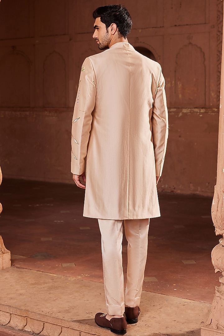 Beige Pure Silk Floral Hand Painted Open Wedding Sherwani Set by Contrast By Parth at Pernia's Pop Up Shop