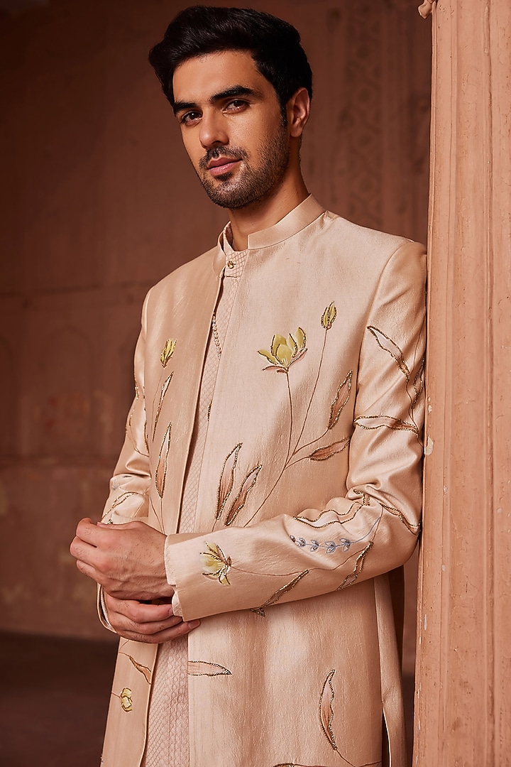 Beige Pure Silk Floral Hand Painted Open Wedding Sherwani Set by Contrast By Parth at Pernia's Pop Up Shop