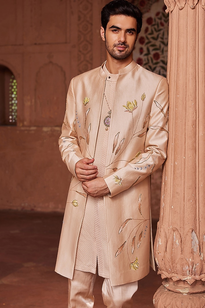 Beige Pure Silk Floral Hand Painted Open Wedding Sherwani Set by Contrast By Parth at Pernia's Pop Up Shop