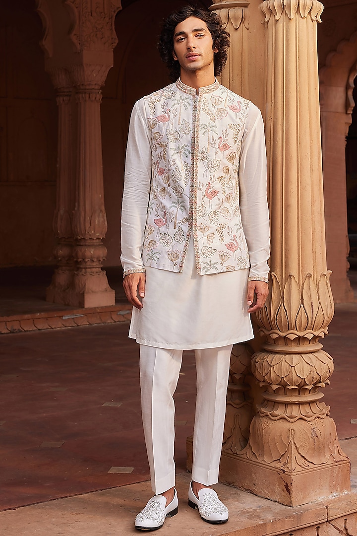 Ivory Raw Silk Dabka & Zari Work Nehru Jacket Set by Contrast By Parth at Pernia's Pop Up Shop