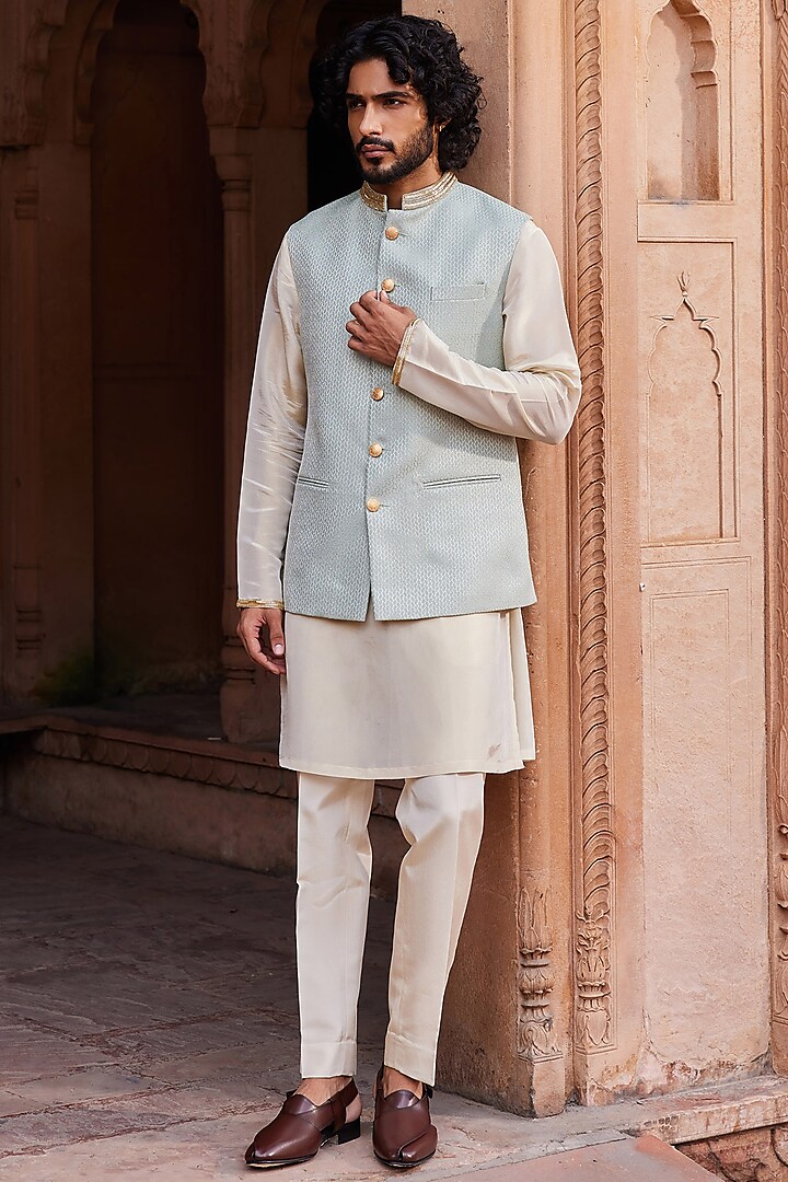 Aqua Blue Silk Jacquard Embroidered Nehru Jacket Set by Contrast By Parth at Pernia's Pop Up Shop