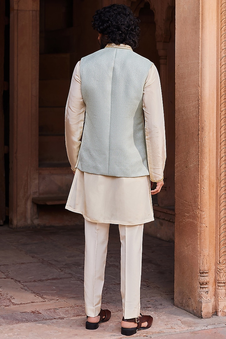 Aqua Blue Silk Jacquard Embroidered Nehru Jacket Set by Contrast By Parth at Pernia's Pop Up Shop