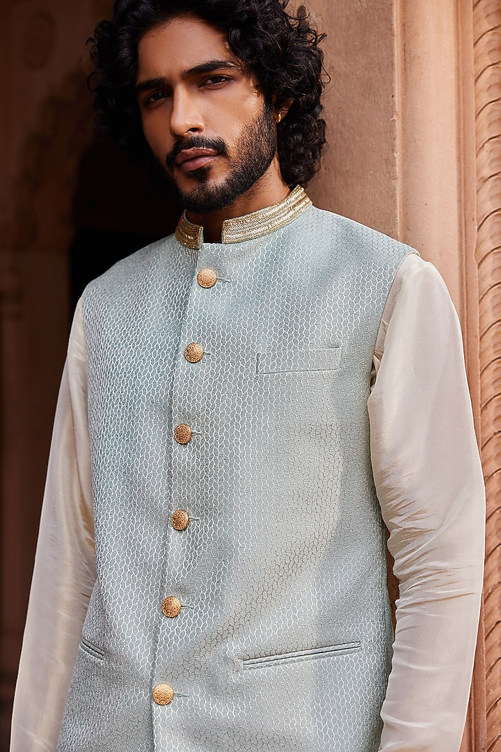 Aqua Blue Silk Jacquard Embroidered Nehru Jacket Set by Contrast By Parth at Pernia's Pop Up Shop