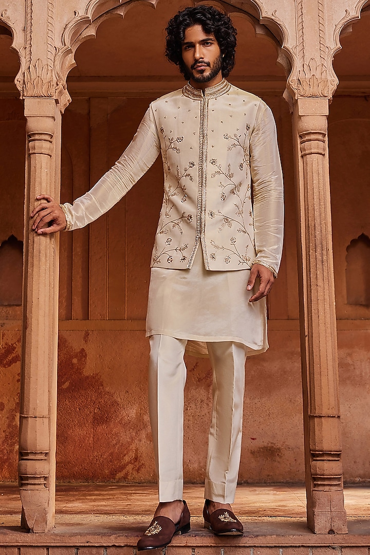 Cream Silk Organza Zari Embroidered Nehru Jacket Set by Contrast By Parth