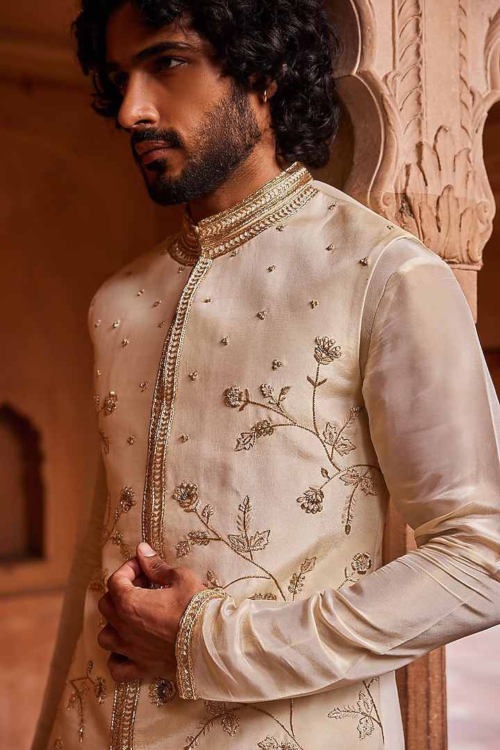 Cream Silk Organza Zari Embroidered Nehru Jacket Set by Contrast By Parth at Pernia's Pop Up Shop