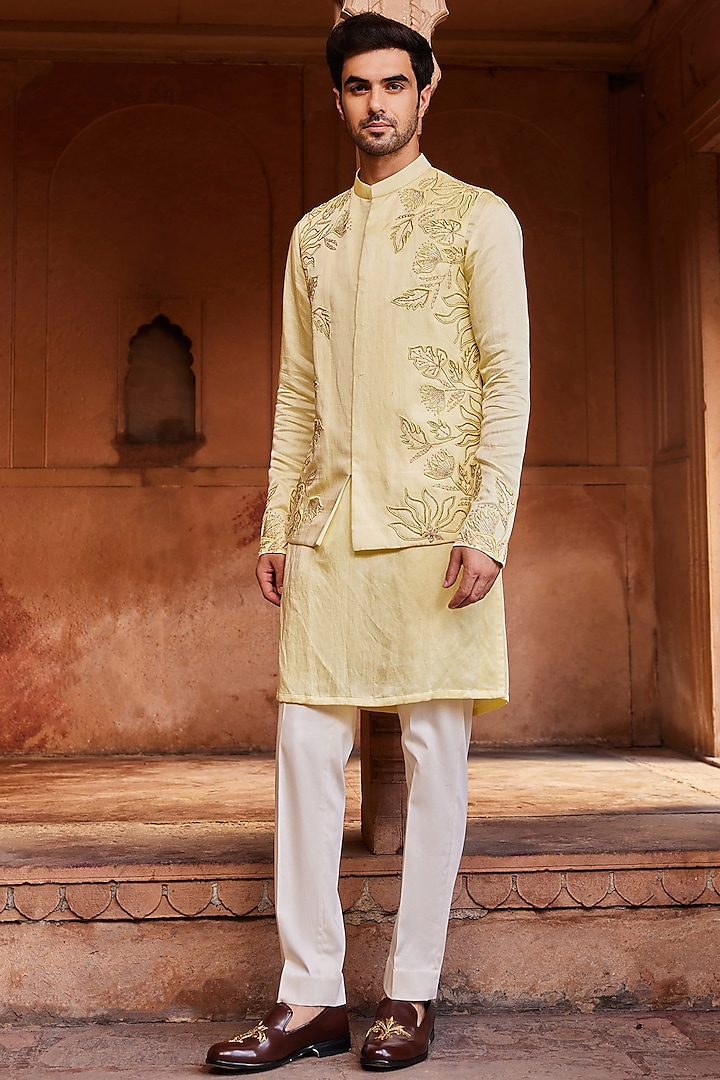 Lemon Yellow Linen Silk Resham & Glass Beads Embroidered Nehru Jacket Set by Contrast By Parth