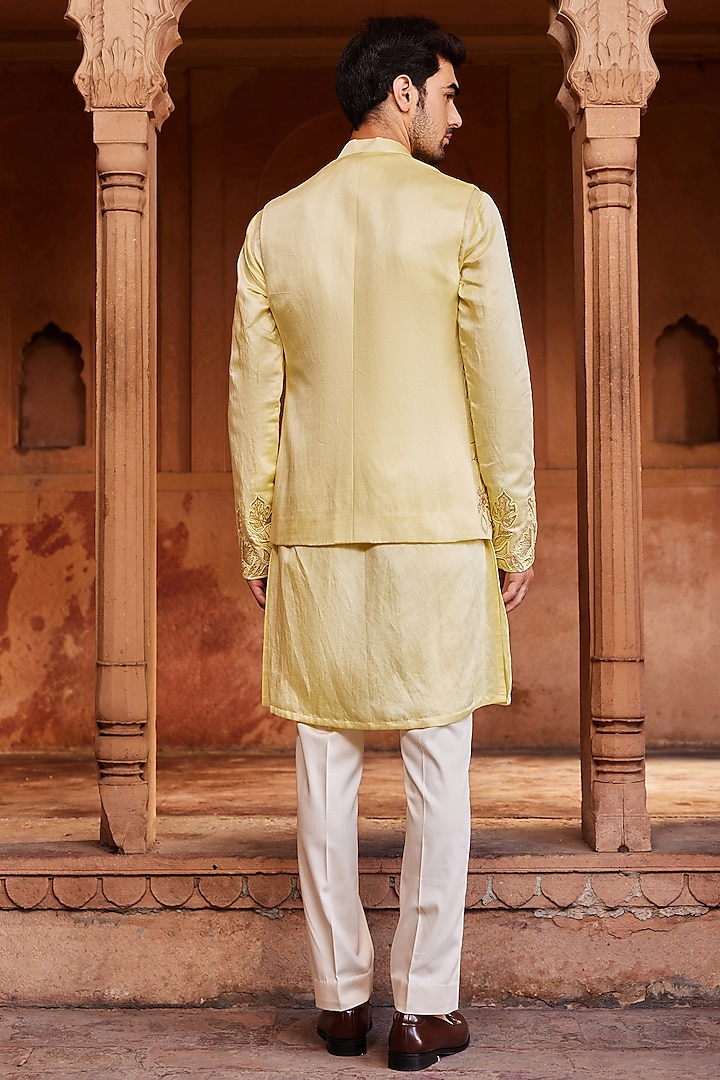Lemon Yellow Linen Silk Resham & Glass Beads Embroidered Nehru Jacket Set by Contrast By Parth at Pernia's Pop Up Shop