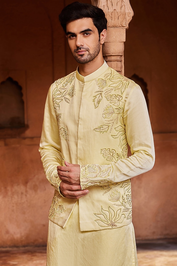 Lemon Yellow Linen Silk Resham & Glass Beads Embroidered Nehru Jacket Set by Contrast By Parth at Pernia's Pop Up Shop