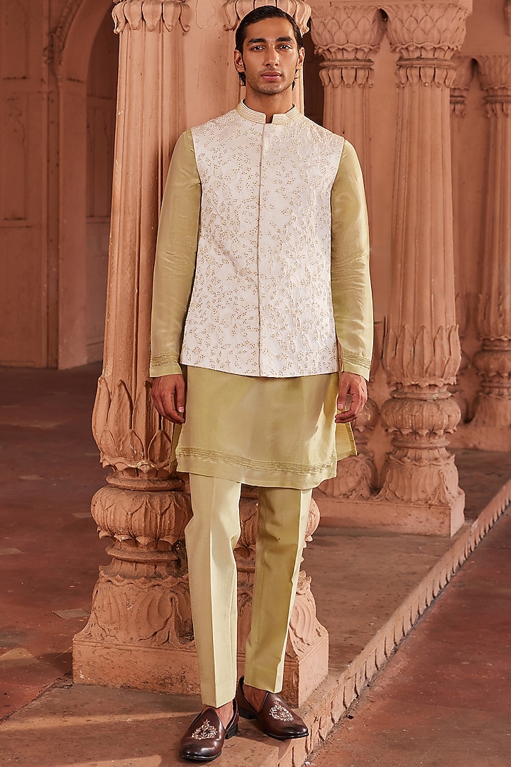 Ivory Silk Jacquard Beads Embroidered Nehru Jacket Set by Contrast By Parth at Pernia's Pop Up Shop