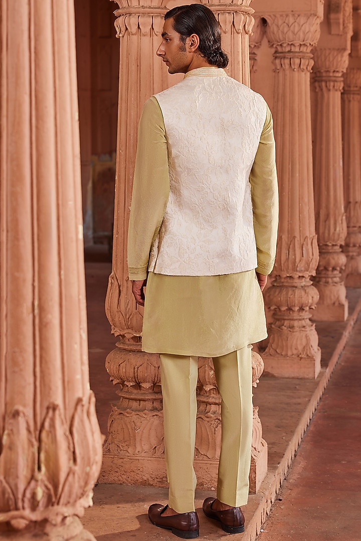 Ivory Silk Jacquard Beads Embroidered Nehru Jacket Set by Contrast By Parth at Pernia's Pop Up Shop