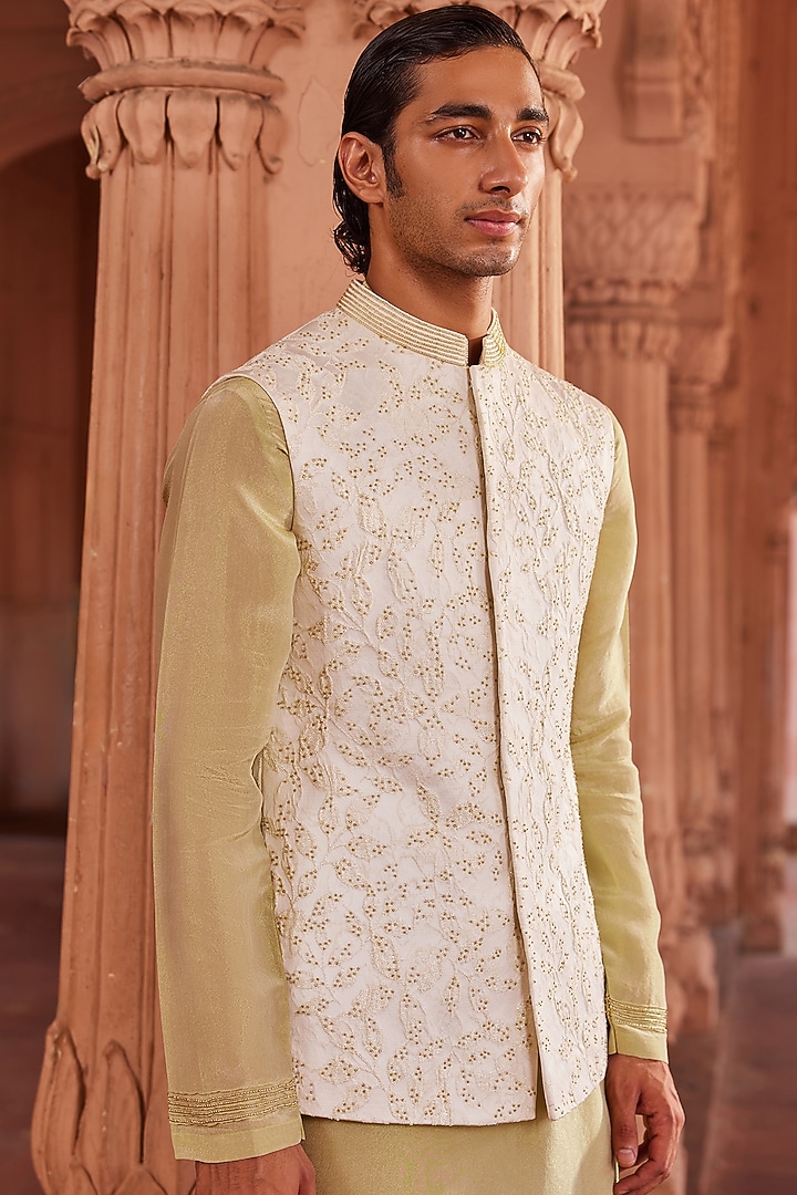 Ivory Silk Jacquard Beads Embroidered Nehru Jacket Set by Contrast By Parth at Pernia's Pop Up Shop
