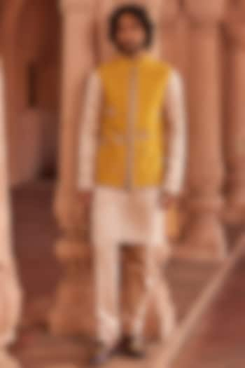 Mustard Textured Silk Applique Hand Embellished Nehru Jacket Set by Contrast By Parth