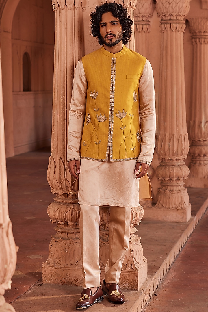 Mustard Textured Silk Applique Hand Embellished Nehru Jacket Set by Contrast By Parth