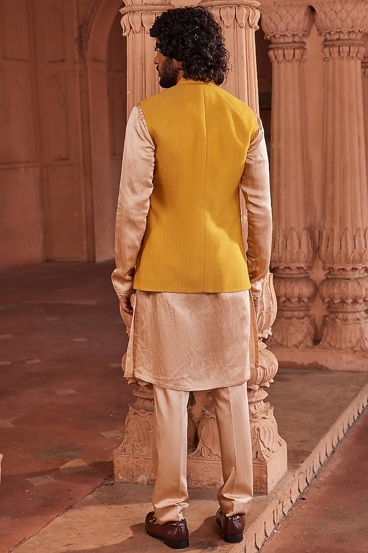 Mustard Textured Silk Applique Hand Embellished Nehru Jacket Set by Contrast By Parth at Pernia's Pop Up Shop
