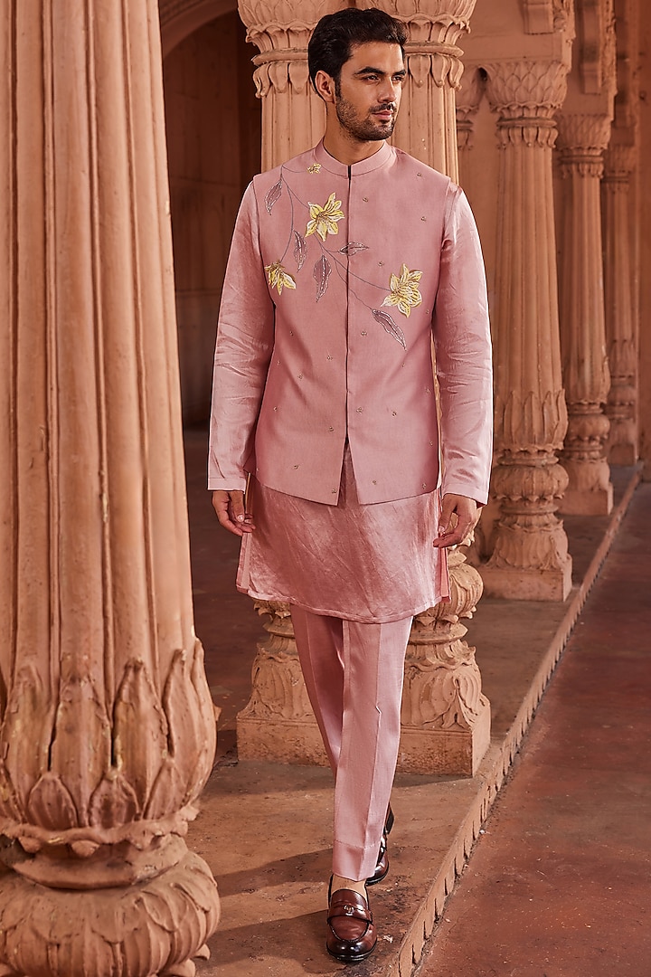 Rose Mauve Pure Silk Motifs Hand Painted Nehru Jacket Set by Contrast By Parth